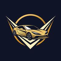 ein glatt Gold Sport Auto steht aus gegen ein schwarz Hintergrund, ausströmend Luxus und Raffinesse, Design ein minimalistisch Logo zum ein Luxus Auto Marke Das strahlt aus Raffinesse vektor