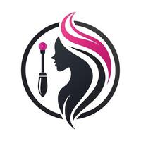 ein Frau mit ein Bürste im ihr Haar, Kämmen oder Styling ihr Haar mit das Bürste, Grafik Silhouette von ein Schönheit Werkzeug oder Zubehörteil, minimalistisch einfach modern Logo Design vektor