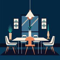 ein anspruchsvoll Essen Zimmer mit ein minimalistisch Tabelle und Stühle einstellen oben zum ein Mahlzeit, anspruchsvoll Essen Zimmer mit ein minimalistisch Tabelle Rahmen und Erklärung Beleuchtung vektor