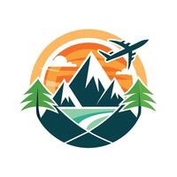 ein Flugzeug hochfliegend über ein majestätisch Berg Bereich, Tour und Reise Logo Design, minimalistisch einfach modern Logo Design vektor