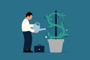 investering tillväxt eller företag växa upp. affärsman investerare vattning små växt med oss dollar tecken. illustration vektor