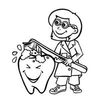 tandläkare rengör en tand med en tandborste översikt vektor