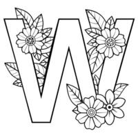 Alphabet w Färbung Seite mit das Blume, w Brief Digital Gliederung Blumen- Färbung Buchseite, ABC Färbung Seite vektor