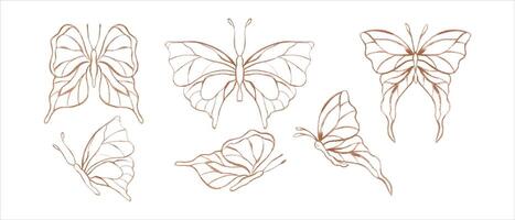 gyllene klotter fjärilar. uppsättning av abstrakt vattenfärg tropisk insekter. linje konst, platt. hand dragen illustration för textil, bröllop inbjudan, baner design. vektor