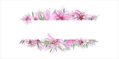 abstrakt rosa blommor. grön löv och magnolia blommor. oleander grenar. horisontell romantisk ram med kopia Plats för text. vattenfärg illustration. för vykort, inbjudan, hälsningar. vektor