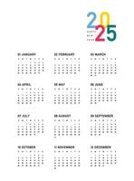 kalender 2025, vecka börjar på söndag, på vit bakgrund med färgad text av de år, mall. företag kalender i en minimalistisk stil för 2025 år. vektor