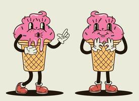 süß und komisch Rosa Eis Sahne Zeichen im ein groovig Stil vektor