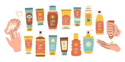 uppsättning av Solskydd Produkter isolerat. spf skydd och Sol säkerhet begrepp. spf solkräm sommar Produkter lotion, grädde, spray, pinne. hand dragen illustration . vektor