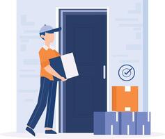 Lieferung Mann Sendung Paket Kisten zu Empfänger zu Haustür zu Tür Lieferung Lieferung Bedienung vektor