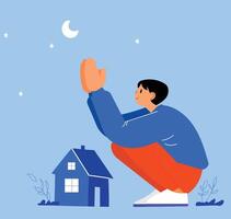 Mann beten zu das Mond und Haus Illustration vektor