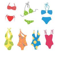 Frauen Badeanzug Satz. Mode Bikini, Monokini Sammlung. weiblich stilvoll Bademode. eben Strand Kleidung. Sommer- Element. Karikatur eben isoliert auf Weiß Hintergrund. vektor