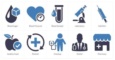 ein einstellen von 10 Gesundheit Untersuchung Symbole wie Blut Zucker, Blut Druck, Blut Stichprobe vektor