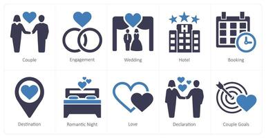 en uppsättning av 10 smekmånad ikoner som par, engagemang, bröllop vektor