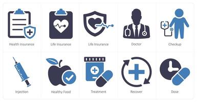 en uppsättning av 10 hälsa kolla upp ikoner som hälsa försäkring, liv försäkring, läkare vektor