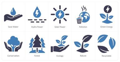 en uppsättning av 10 ekologi ikoner som spara vatten, hydro kraft, sol- kraft vektor