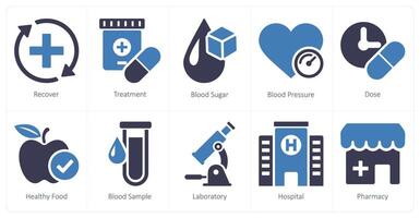 en uppsättning av 10 hälsa kolla upp ikoner som ta igen sig, behandling, blod socker vektor
