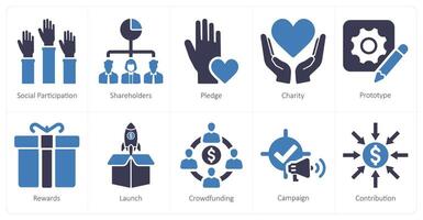 en uppsättning av 10 crowdfunding ikoner som social deltagande, aktieägare, lova, vektor