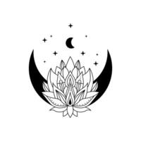 lotus blomma med halvmåne måne och stjärnor, blomning lotus, blommig magi måne. lotus logotyp vektor
