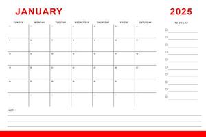 Januar 2025 Kalender. monatlich Planer Vorlage. Sonntag Start. vektor