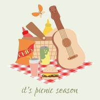ljus picknick fest affisch platt illustration. färgrik inbjudan plakat till utomhus- sommar middag, frukost eller kvällsmat med korg full, mat, dryck på pläd och gitarr. tecknad serie baner vektor