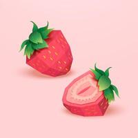 mogen jordgubbar i papper konst stil isolerat på ljus rosa bakgrund. ett är hela frukt, ett är hackad vektor