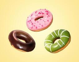 3d Illustration von gebacken Donuts einschließlich Matcha, Erdbeere, und Schokolade Geschmack schwebend auf Gelb Hintergrund vektor