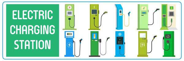 elektrisk fordon laddning station ikoner uppsättning. elektrisk laddning station illustration. grön energi. vektor