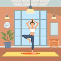 eben Design Illustration von Frau ist üben Yoga Pose Sport Meditation beim Zuhause vektor