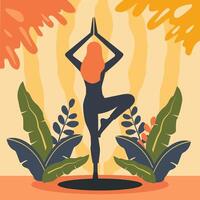 silhuett av kvinna är praktiserande yoga utgör sport meditation med blad växt vektor