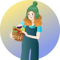 Mädchen im ein Camsuit mit Reißverschluss und ein Hut mit ein Korb von Früchte im Hände vektor