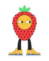 glücklich Erdbeere Turnschuhe 2d linear Karikatur Charakter. lächelnd Obst tragen Sport Schuhe isoliert Linie Persönlichkeit Weiß Hintergrund. y2k groovig retro Obst Farbe eben Stelle Illustration vektor