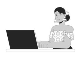 indisch Frau Arbeiten auf Laptop schwarz und Weiß 2d Linie Karikatur Charakter. Hindu weiblich Telearbeiter beim Computer isoliert Gliederung Person. auslagern Mitarbeiter monochromatisch eben Stelle Illustration vektor