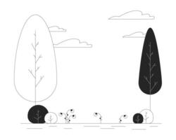 parkera träd moln svart och vit tecknad serie platt illustration. buskar grönska sommar utomhus Nej människor 2d linjekonst landskap isolerat. utanför springtime fredlig svartvit scen översikt bild vektor