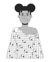 svart kvinna bär blus med blommig mönster svart och vit 2d linje tecknad serie karaktär. skön kvinna isolerat översikt person. eleganta ung modell enfärgad platt fläck illustration vektor