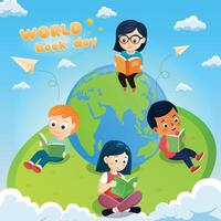 Welt Buch Tag Kinder Kinder lesen um das Welt Karikatur Illustration Hintergrund Design vektor