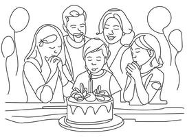 kontinuierlich Linie Zeichnung von ein Familie Clebrating Geburtstag Kuchen weht Kerzen einer Linie kreativ Idee Gruß Karte Illustration vektor