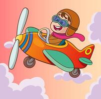 Lycklig leende pojke flygande plan tycka om en verklig pilot i retro läder flyg hjälm.modern bok illustration.platt stil tecknad serie illustration. vektor