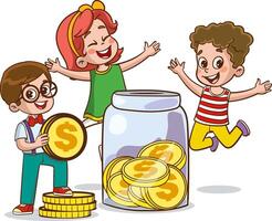 Pojkar och flickor är sätta pengar in i de nasse Bank. insamlingar begrepp. tecknad serie karaktär illustration ikon. isolerat på vit bakgrund vektor