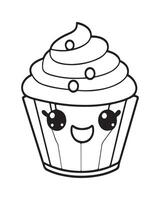 süß kawaii Cupcake Färbung Seiten, Cupcake Illustration, Cupcake schwarz und Weiss, Cupcake eben Design, Kuchen Kunst. vektor