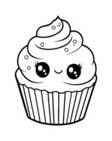 süß kawaii Cupcake Färbung Seiten, Cupcake Illustration, Cupcake schwarz und Weiss, Cupcake eben Design, Kuchen Kunst. vektor