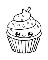 süß kawaii Cupcake Färbung Seiten, Cupcake Illustration, Cupcake schwarz und Weiss, Cupcake eben Design, Kuchen Kunst. vektor