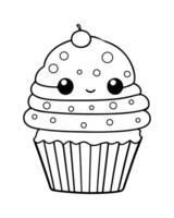 süß kawaii Cupcake Färbung Seiten, Cupcake Illustration, Cupcake schwarz und Weiss, Cupcake eben Design, Kuchen Kunst. vektor