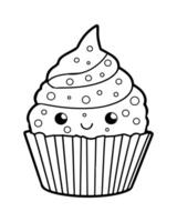 süß kawaii Cupcake Färbung Seiten, Cupcake Illustration, Cupcake schwarz und Weiss, Cupcake eben Design, Kuchen Kunst. vektor