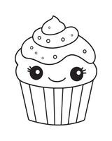 süß kawaii Cupcake Färbung Seiten, Cupcake Illustration, Cupcake schwarz und Weiss, Cupcake eben Design, Kuchen Kunst. vektor