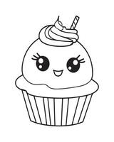 süß kawaii Cupcake Färbung Seiten, Cupcake Illustration, Cupcake schwarz und Weiss, Cupcake eben Design, Kuchen Kunst. vektor