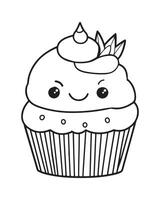 süß kawaii Cupcake Färbung Seiten, Cupcake Illustration, Cupcake schwarz und Weiss, Cupcake eben Design, Kuchen Kunst. vektor