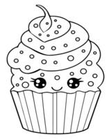 süß kawaii Cupcake Färbung Seiten, Cupcake Illustration, Cupcake schwarz und Weiss, Cupcake eben Design, Kuchen Kunst. vektor