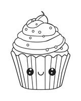 süß kawaii Cupcake Färbung Seiten, Cupcake Illustration, Cupcake schwarz und Weiss, Cupcake eben Design, Kuchen Kunst. vektor