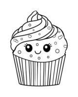 süß kawaii Cupcake Färbung Seiten, Cupcake Illustration, Cupcake schwarz und Weiss, Cupcake eben Design, Kuchen Kunst. vektor