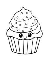 süß kawaii Cupcake Färbung Seiten, Cupcake Illustration, Cupcake schwarz und Weiss, Cupcake eben Design, Kuchen Kunst. vektor